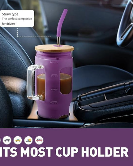 Glass Tumbler with Straw & Lid, 32 oz Glass Cup with Handle, Water Bottles with Time Marker - 2 Straws & Silicone Protective Sleeve Dark Purple