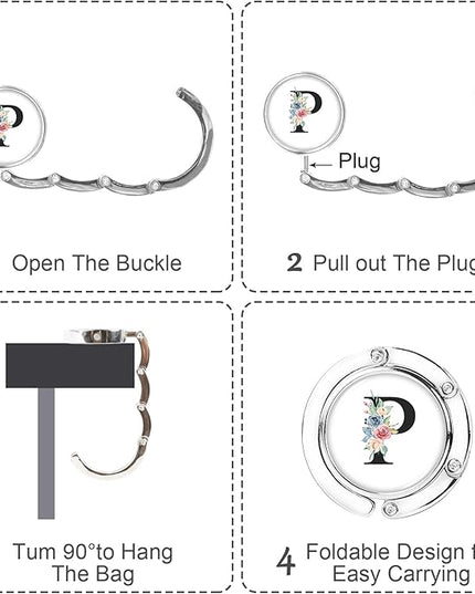 Iqimott 3pcs Personalized Initial Foldable Purse Hook for Table, Flower Letter Folding Handbag Hanger Portable Magnet Table Hook Holder, Collection Desk Purse Hooks for Women Bag (Black-P)
