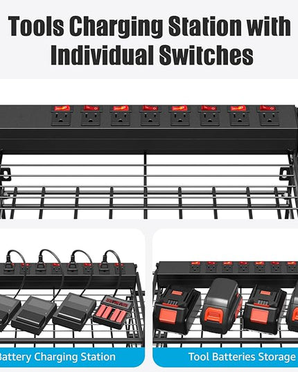 CCCEI Black Power Tool Organizer Wall Mount, Large Tools and Battery Storage Rack Charging Station Individual Switches. Drills Holder, Garage Utility Shelves with 6FT Power Strip. Gift for Men.