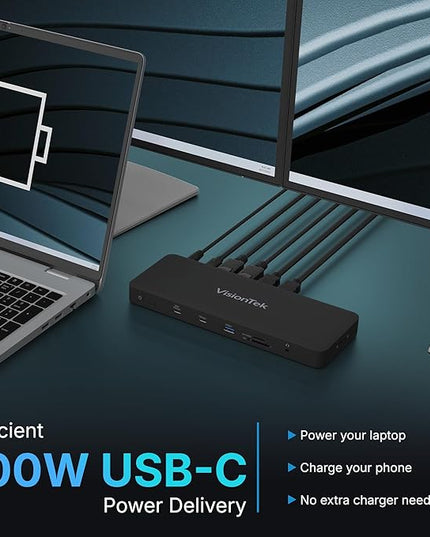 VisionTek VT8100DL Four Display Docking Station for Windows, MacOS, ChromeOS, Connect with USB-C, Thunderbolt 5/4/3, 100W Laptop Charging, 4K Displays, 2X HDMI, 2X DisplayPort, USB-A, USB-C, SD Reader
