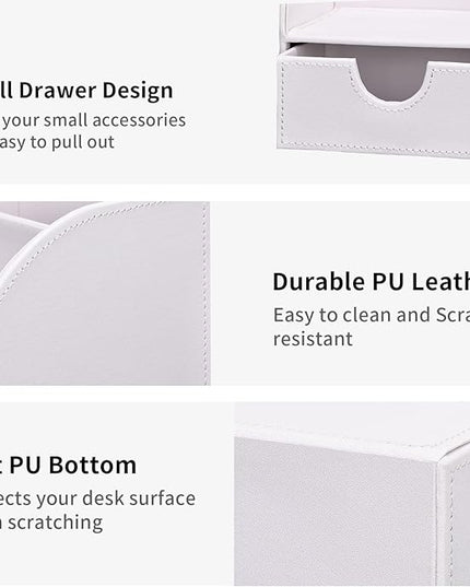 KINGFOM Pu Leather Desk Organizer Pen Pencil Holder Office Supplies Caddy Storage Box 6 Compartments with Drawer White (Full Pu Leather)