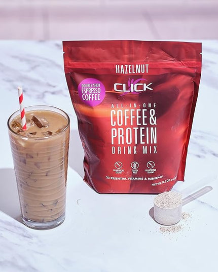 Click Coffee Protein Powder | Double Shot Espresso | 16g Protein | 23 Essential Vitamins | Low Calorie Meal Replacement | 150mg Caffeine | Gluten Free | No Artificial Flavors or Colors | Hazelnut