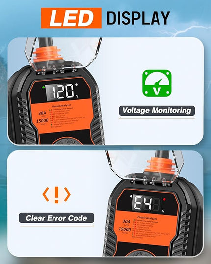 15,000J RV Surge Protector 30 Amp with LED Display, 30 Amp RV Surge Protector with Voltage Monitoring, Clear Error Codes, Comprehensive Detection, IP68 Waterproof Cover