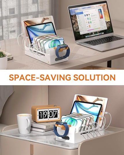 Pezin & Hulin Bamboo Charging Station with Watch Stand, Docking Holder for Multi Device with 5 Charge Cables, Desktop Dock Stations Electronic Organizer for Cellphone, Tablet, Watch-White
