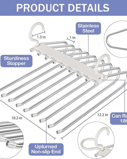 Upgrade 9 Layers Pants Hangers Space Saving, 2 Pack Pant Hangers Organizer Multifunctional Pants Rack Space Saver Closet Organizers and Storage Hangers for Pants Jeans Leggings Trousers Skirts, White
