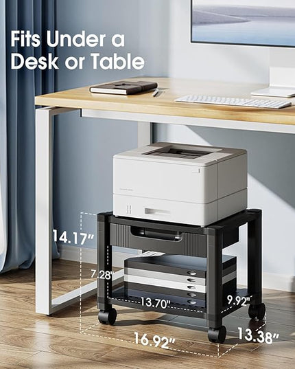 HUANUO Printer Stand with Cable Management and Storage Drawer, Printer Table with Locking Wheels, 14.1-inch Maximum Height Printer Cart for Under Desk, Home, Office, HNDPS
