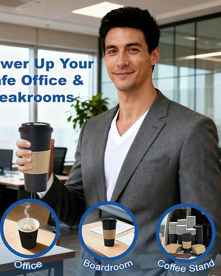 Coolcap 12 oz 500 Pack Coffee Cups with Lids and Sleeves, Straws, Hot Disposable To Go Travel Paper Cups Bulk for Office, Home Coffee Bar Accessories, Chocolate, Cocoa, Beverage (Black)