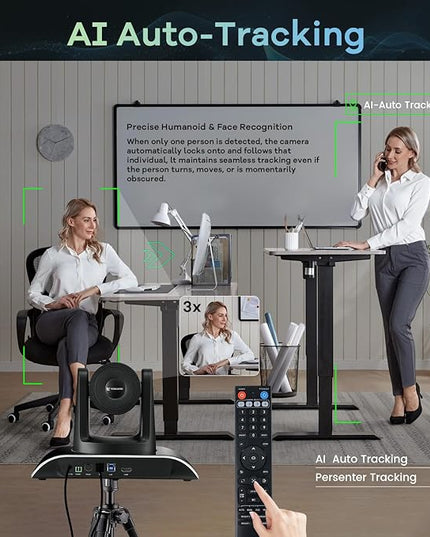 TONGVEO All-in-One Conference Room Video Camera System Al Auto-Tracking HD1080P 60fps 3X Optical Zoom USB3.0 HDMI PTZ Camera and Bluetooth Conference Speakerphone with Microphones