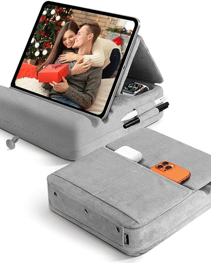 TpeeTeek Tablet Pillow Stand with Storage, Foldable iPad Holder for Lep, Bed, Sofa, and Desk - Soft Pad Dock with Pocket and Stylus Mount Compatible with 4-13" iPad Pro/Air/Mini, Galaxy Tab, Kindle