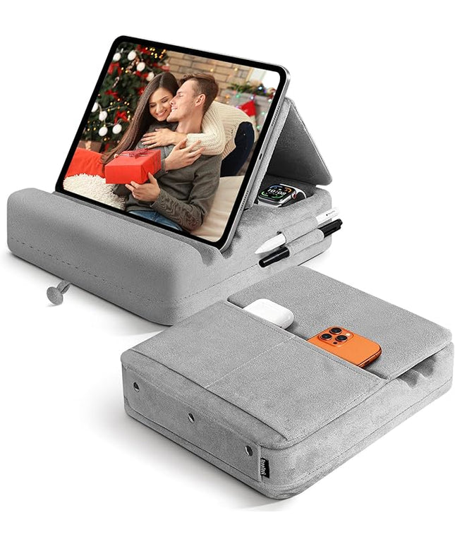 TpeeTeek Tablet Pillow Stand with Storage, Foldable iPad Holder for Lep, Bed, Sofa, and Desk - Soft Pad Dock with Pocket and Stylus Mount Compatible with 4-13" iPad Pro/Air/Mini, Galaxy Tab, Kindle