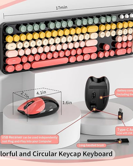 Wireless Keyboard and Mouse, MOFII 104 Round Keycaps Retro Typewriter with OTG & Brush, Full-Size Ergonomic, Ideal for Windows PC, Home, Office and College Rainbow Red