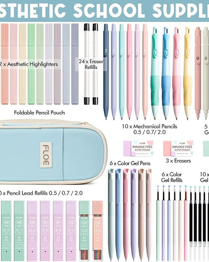 65PCS Aesthetic School Supplies with Cute Pencil Case, Pastel Highlighters Gel Pens Mechanical Pencils Set 0.5 0.7 & 2.0mm, Office Back to School Supplies College Essentials Kit Student Stationary Set