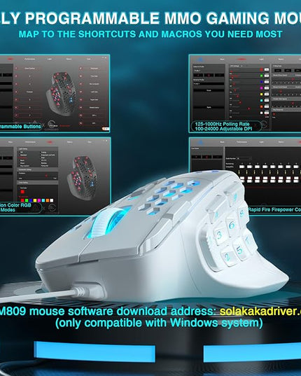SOLAKAKA SM809 Gaming Mouse for MMO,24000 DPI,16 Programmable,RGB PC Gaming Mice,White