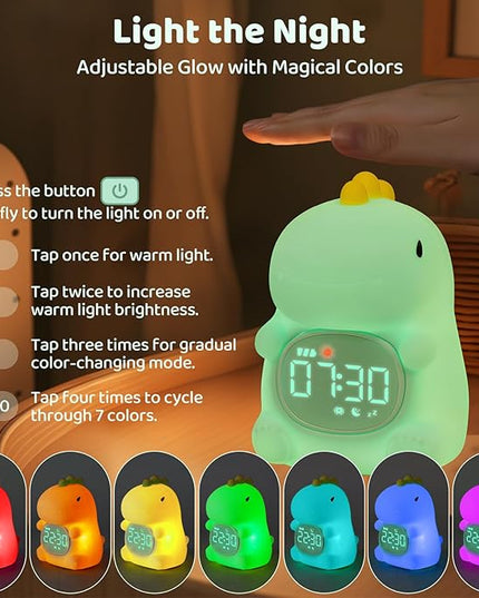 Dinosaurs Alarm Clock with Night Light for Kids with Sleep Training and Sound Machine, Rechargeable Silicone Lamp OK to Wake Clock，Cute Animal Tabletop Lamp, Perfect Sleep Companion for Boys Girls