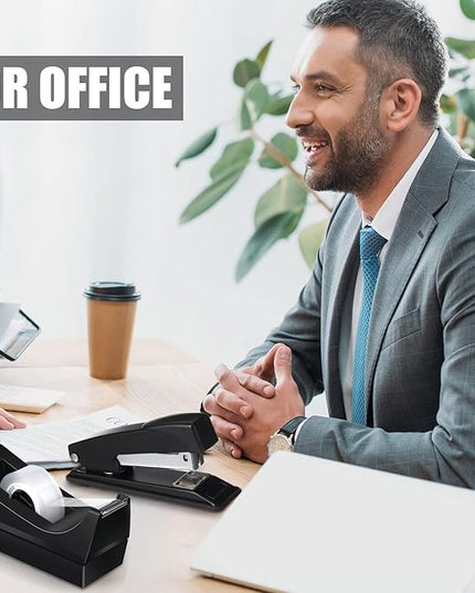 Thenshop 12 Pcs Desk Staplers Tape Dispensers Sets Black Staplers for Desktop Office with Standard Staples Black Holder with White Tape for Office School