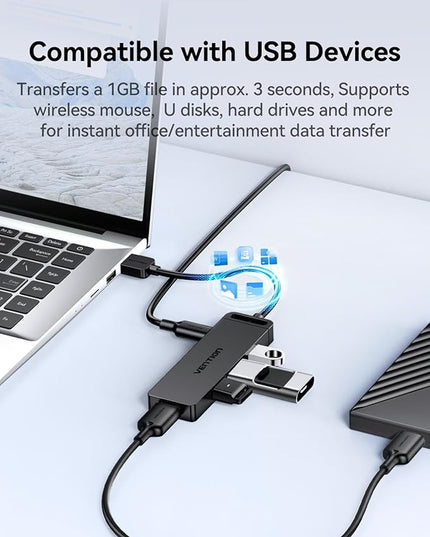 VENTION USB 3.0 Hub for Laptop- Multi USB Port Splitter, Ultra-Slim USB Extender Adapter, 4 Ports Fast Data Transfer for Laptop, MacBook, Printer, PS4, PC, Flash Drive, HDD, Wireless Mouse/Keyboard