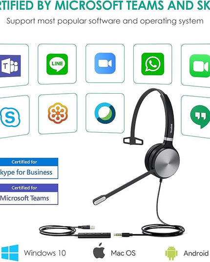 Yealink UH36 Professional USB Headset Wired Headphones for Work Calls and Music, Headset with Noise Cancelling Mic for Computer PC Laptop（UC Compatible, Mono,3.5mm Jack/USB Connection）