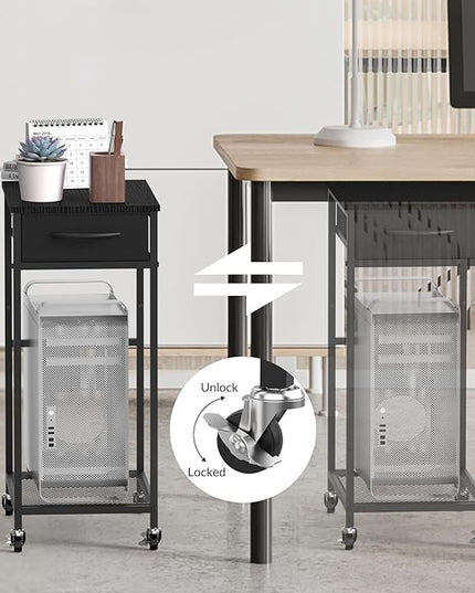 CADUKE 2 Tier PC Stand - Black Computer Tower Stand with Fabric Drawer, Modern Printer Stand with Wheels, Under Desk for Office & Study Room