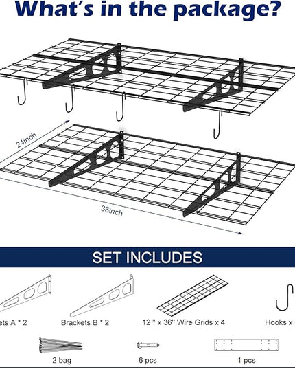 2x3 Ft Garage Wall Shelving, 700 lbs Heavy Duty Metal Garage Shelf Storage Organization, 24x36 Inch Wall Mounted Floating Shelves with Hooks, High Capacity, Space Saving, 2 Pack