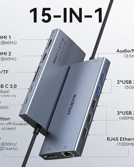USB C Laptop Docking Station with 2 HDMI 4K@60Hz+DP 8K@30Hz for Dell HP 15 in 1 USB C Hub Triple Display Multiple Adapter Dongle with USB A Port+Button+PD+Ethernet+SD/TF+Audio for Thinkpad Surface