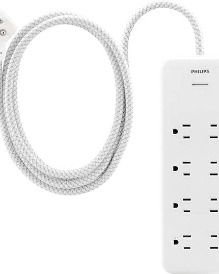 Philips EZFit 8-Outlet Surge Protector Power Strip, 8 Ft Braided Extension Cord, Widely Spaced Outlets, Flat Plug, for Home Office Dorm Essentials, 2160 Joules, White, SPP3673W/37