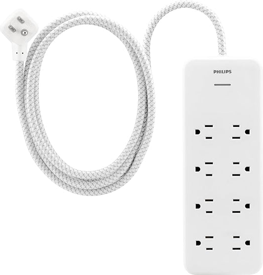 Philips EZFit 8-Outlet Surge Protector Power Strip, 8 Ft Braided Extension Cord, Widely Spaced Outlets, Flat Plug, for Home Office Dorm Essentials, 2160 Joules, White, SPP3673W/37