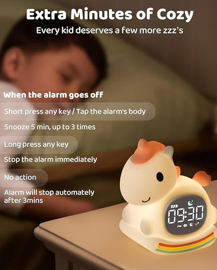 Alarm Clock with Night Light for Kids with Sleep Training and Sound Machine, Rechargeable Silicone Lamp OK to Wake Clock，Cute Animal Tabletop Lamp, Perfect Sleep Companion for Boys Girls,Pink Pony