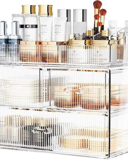 ZHIAI Stackable Cosmetic Organizer, Acrylic Cosmetic Organizer for Dresser, Vanity, Kitchen Cabinet, Bathroom, Under Sink, Home Organization and Storage (1 Top 3 Drawers)