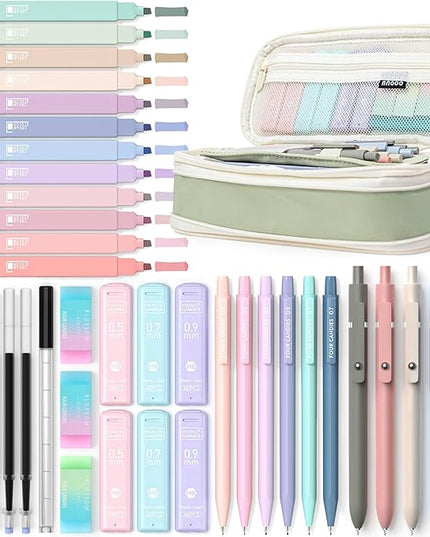Four Candies 39 PCS Aesthetic School Supplies with Cute Pen Case, 12 Pastel Highlighters, 5 Black Ink Gel Pens, 6 Mechanical Pencils Set for Students Stationary College Essentials (Green)
