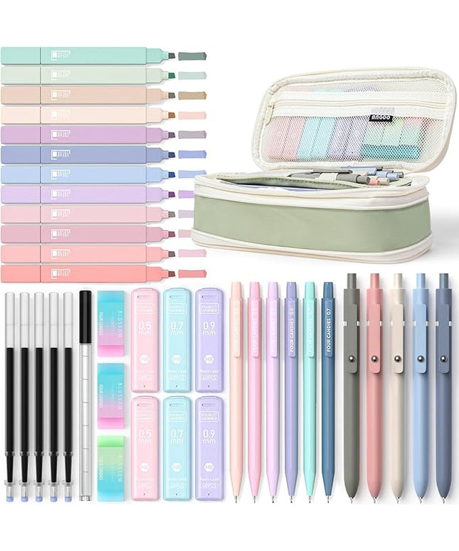 Four Candies 39 PCS Aesthetic School Supplies with Cute Pen Case, 12 Pastel Highlighters, 5 Black Ink Gel Pens, 6 Mechanical Pencils Set for Students Stationary College Essentials (Green)
