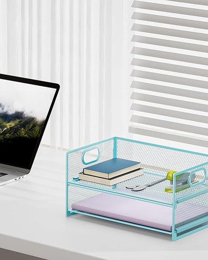 Marbrasse 2 Tier Paper Organizer Letter Tray, Mesh File Organizer with Handle, Paper Sorter Desk Organizer for Home Office Supplies - 2P Blue