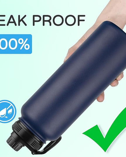 DOMICARE 40 oz Insulated Water Bottle Bulk, Vacuum Insulated Stainless Steel Sports Water Bottle with Straw Lid & Spout Lid, Leakproof, Reusable - Travel, Camping, Bike, Navy Blue (4 Pack)