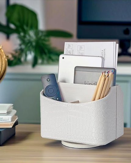 UnionBasic Rotating Desk Organizer, 360 Degree Desk Spinning Caddy, Desktop TV Guide/Mail/Media/Remote Controller Holder Organizer, Crocodile White