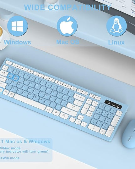Wireless Keyboard and Mouse Combo, Full-Sized Wireless Keyboard and Adjustable DPI Mouse, 2.4GHz USB Receiver, Keyboard and Mouse for PC, Windows, Desktop, Laptop (Sky Blue-A)