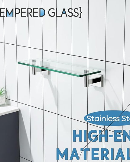 KOKOSIRI Bathroom Shelves Wall Mounted Floating Glass Shelf Polished Stainless Steel 16-Inch Hanging Rack for Storage/Room Decor 2 Pack B1105CH-L16-P2