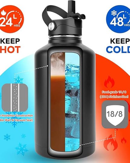 Water Bottle Insulated 32oz 40oz 64oz 128oz Straw Lid Spout Lid & 3 Lids, Leak Proof, Vacuum Insulated,Stainless Steel Water Bottle Wide Mouth for Sports, Gym or Office