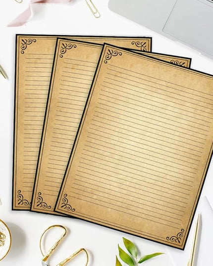 Vintage Lined Paper with Antique Border Design, 200 Sheets, Stationary Paper for Writing Letters, 100gsm, 11 x 8.5'', Aged Stationery for Writing Letters, Invitations, Stationery Writing Papers