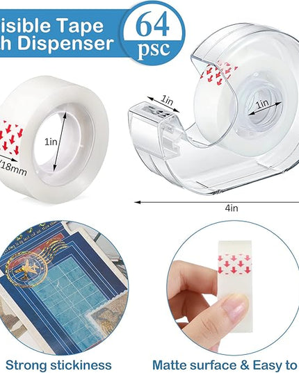 Yahenda 64 Pcs Invisible Tape and Refillable Dispensers Bulk 0.7 x 985 Inches Transparent Tape Refills Desk Dispenser for Office Home School
