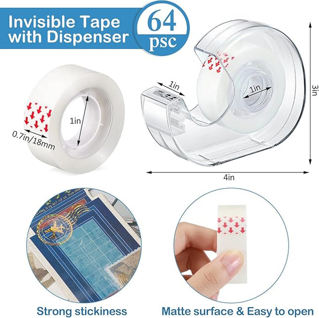 Yahenda 64 Pcs Invisible Tape and Refillable Dispensers Bulk 0.7 x 985 Inches Transparent Tape Refills Desk Dispenser for Office Home School