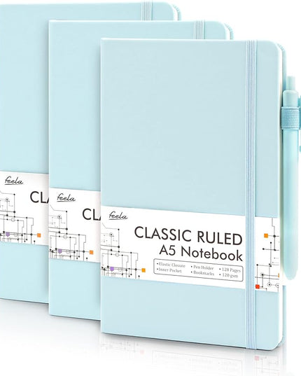 feela 3 Pack Notebooks Journals Bulk, Hardcover Notebook Classic Ruled Lined Journals with Pen Holder for Women Girls School Business Supplies, with 3 Black Pens, 120 GSM, 5.1”x8.3”, A5, Sky Blue