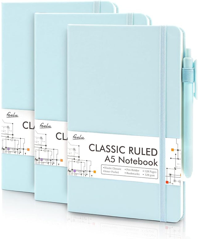 feela 3 Pack Notebooks Journals Bulk, Hardcover Notebook Classic Ruled Lined Journals with Pen Holder for Women Girls School Business Supplies, with 3 Black Pens, 120 GSM, 5.1”x8.3”, A5, Sky Blue