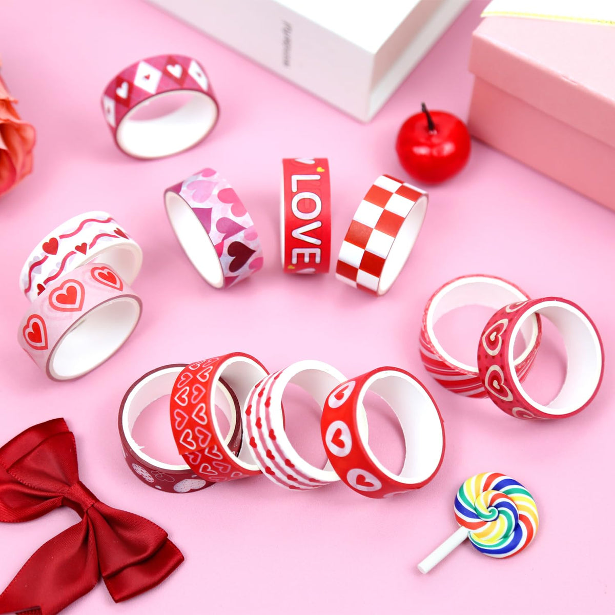 NIKOMIE 12 Rolls Love Heart Washi Tape Set, Pink Red Decorative Tape Valentine Stripe Dots Masking Tape for Journaling Supplies,Wedding Party,Junk Journal, Scrapbooking, Planner, DIY Arts & Crafts