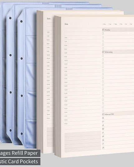 EMSHOI Undated Daily Planner 9.2" X 12", A4 To Do List Notepad, 240 Pages Ring Binder Planner Hardcover Leather Notebook for Work Business Meeting, with Yearly Schedule, Habit Tracker, Blue