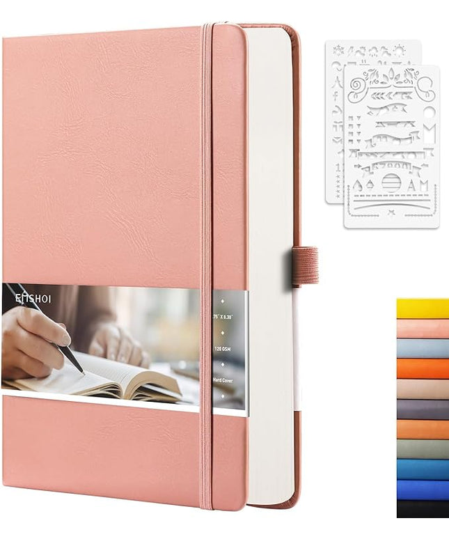 EMSHOI Dotted Notebook - 256 Pages A5 Bullet Dotted Journal, Hardcover Dot Grid Notebook, Leather Notebooks for Work, 120gsm Thick Paper,16 Perforated Pages, Inner Pocket,5.75'' × 8.38''-Pink