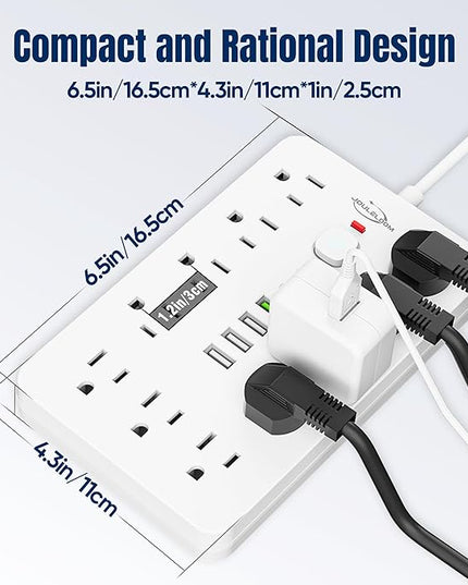 20 FT Flat Plug Surge Protector Power Strip,11 Multiple AC Outlets with 6 USB Ports (2 USB C), 20 Feet Extension Cord, 1250W/10A, One Touch Switch Button, White