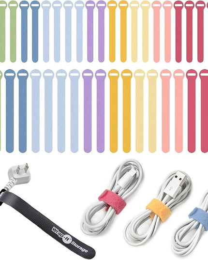 Self-Gripping Cable Ties by Wrap-It Storage, Macaron, 40 Pack (5 Inch and 8 Inch Straps) – Reusable Hook and Loop Cord Wraps for Home Office Desk Organization