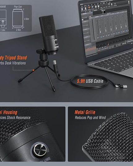 FIFINE USB Microphone, Metal Condenser Recording Microphone for MAC OS, Windows, Cardioid Laptop Mic for Recording Vocals, Voice Overs, Streaming, Meeting and YouTube Videos-K669B