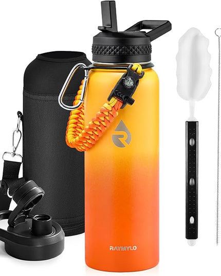Insulated Water Bottle 40 oz, Triple Wall Vacuum Stainless Steel (Cold for 48 Hrs), Leak Proof & Non-BPA, Modern Water Flask Jug with Paracord Handle & Straw Spout Lids, Ombre Orange
