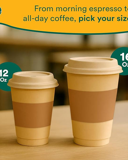 ECO SOUL 200 Pack 16 oz Disposable Coffee Cups with Lids & Sleeves Eco-Friendly, Biodegradable, Compostable, Leak-free & Sturdy To Go Hot Drink Cup for Tea, Chocolate Party Travel Cafe Office & Home