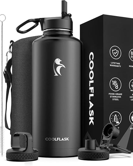 Insulated Water Bottle 87 oz with Straw, Coolflask 2/3 Gallon Stainless Steel Metal 3 Lids Large Water Jug for Sports or Office, Non-BPA Keep Cold Up to 48 Hrs or Hot Up to 24 Hrs, Magic Black